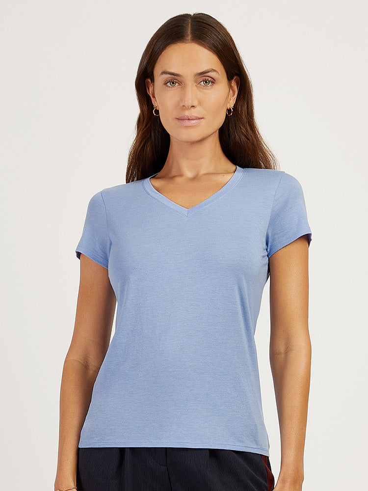 Women wearing Hortensia Fitted V-Neck Marcy Tee
