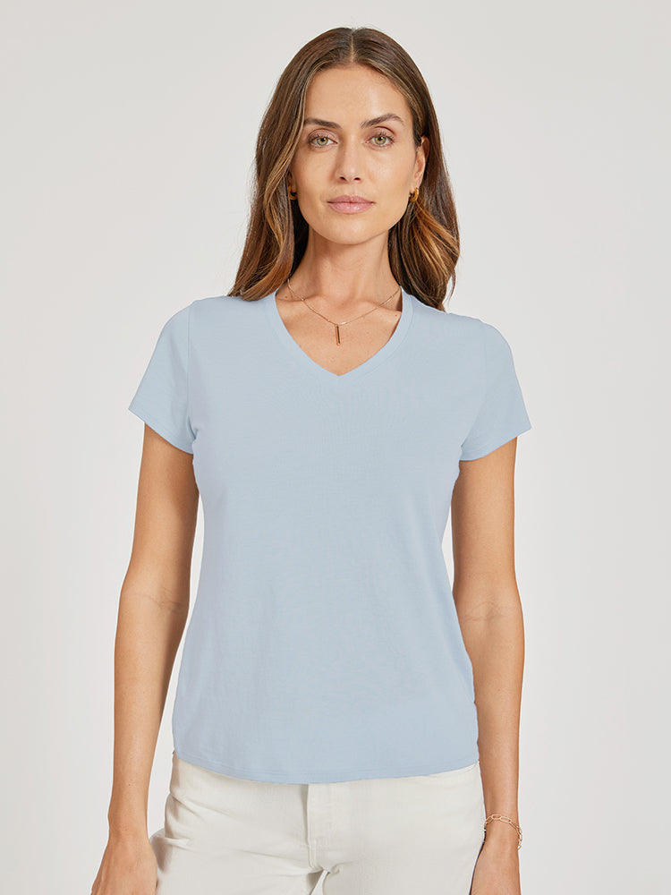 Women wearing Ice Blue Fitted V-Neck Marcy Tee