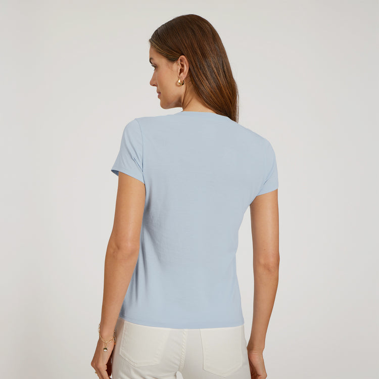 Women wearing Ice Blue Fitted V-Neck Marcy Tee