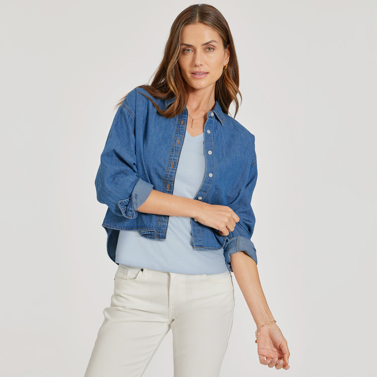 Women wearing Ice Blue Fitted V-Neck Marcy Tee
