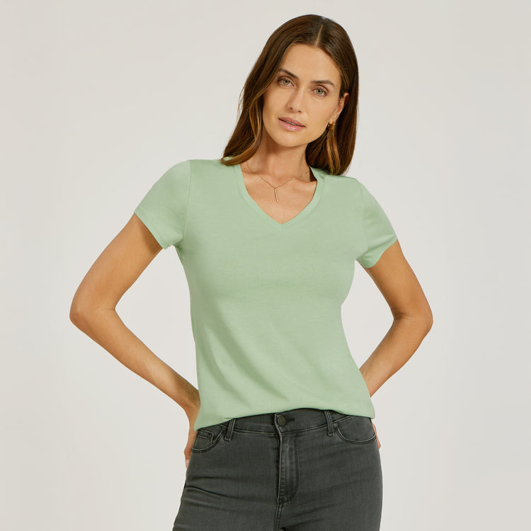 Women wearing Pistachio Fitted V-Neck Marcy Tee