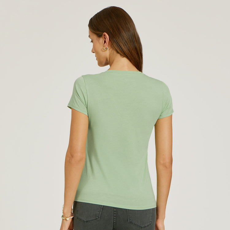 Women wearing Pistachio Fitted V-Neck Marcy Tee