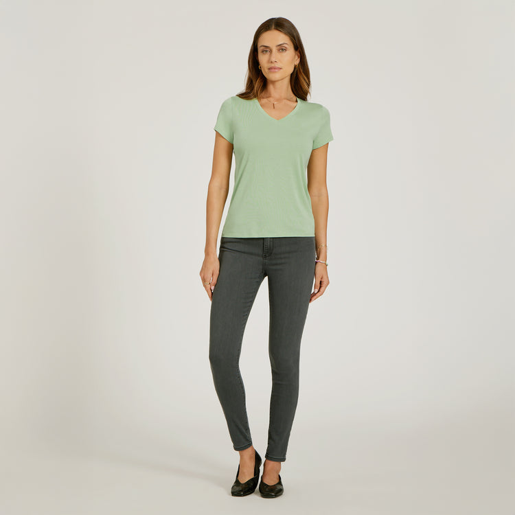 Women wearing Pistachio Fitted V-Neck Marcy Tee