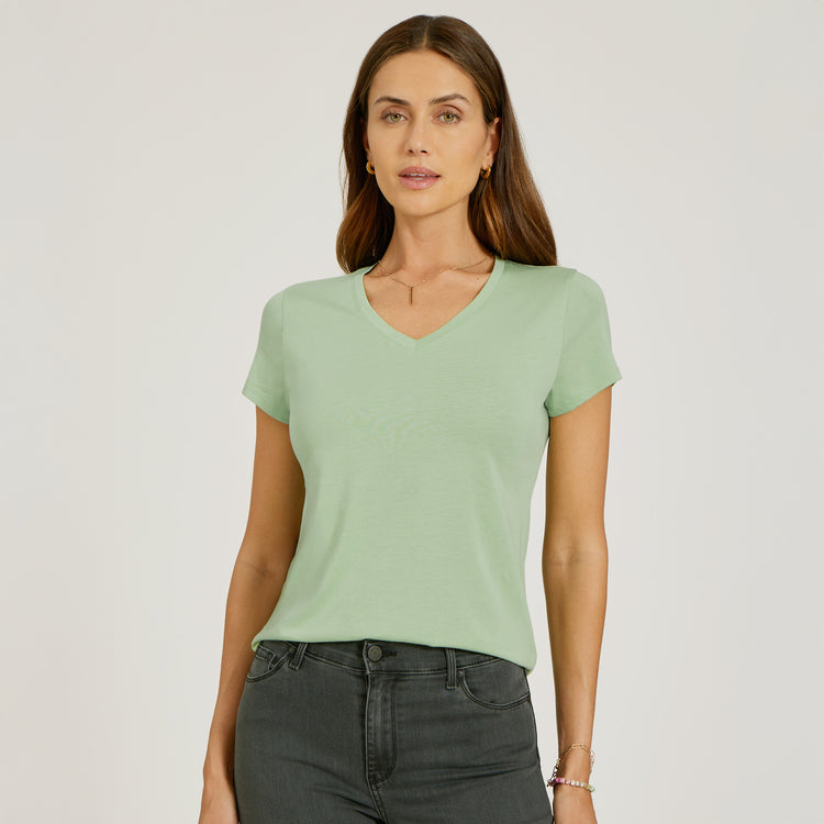 Women wearing Pistachio Fitted V-Neck Marcy Tee