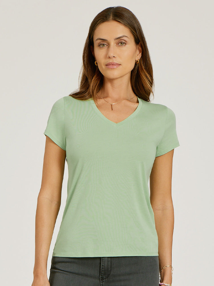 Women wearing Pistachio Fitted V-Neck Marcy Tee