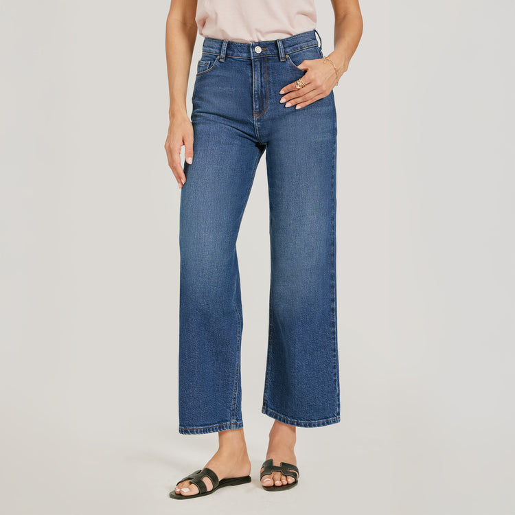 Women wearing Medium/Dark Blue High Rise Cropped Straight Leg Gilmore