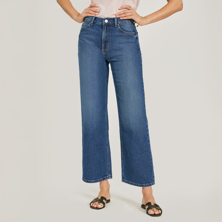 Women wearing Medium/Dark Blue High Rise Cropped Straight Leg Gilmore