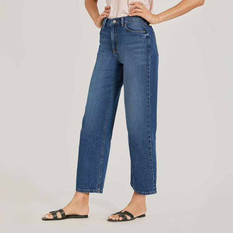 Women wearing Medium/Dark Blue High Rise Cropped Straight Leg Gilmore