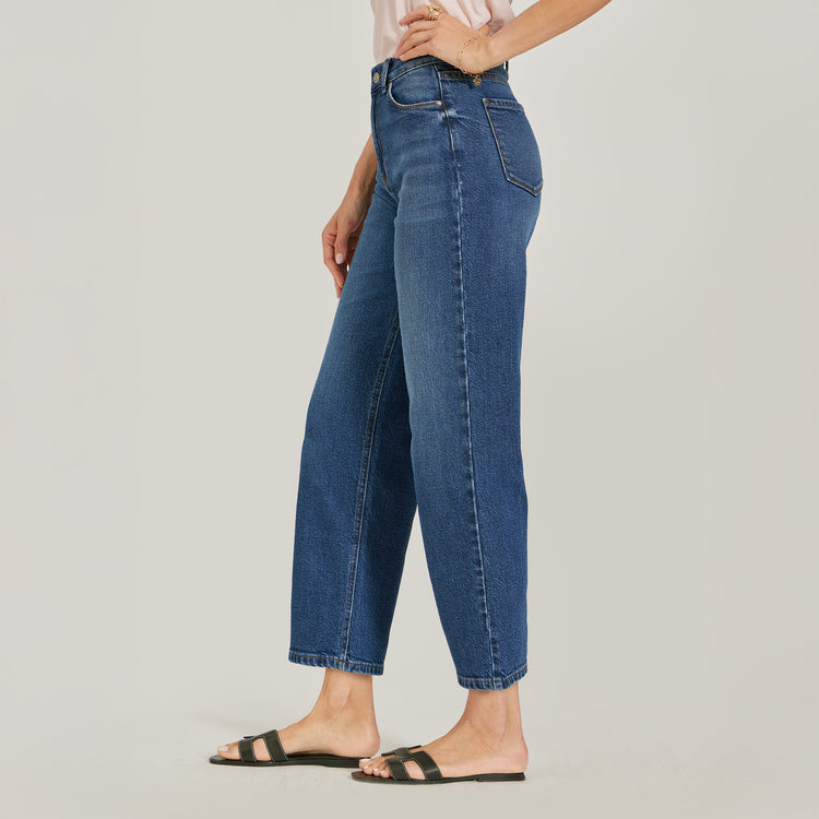 Women wearing Medium/Dark Blue High Rise Cropped Straight Leg Gilmore