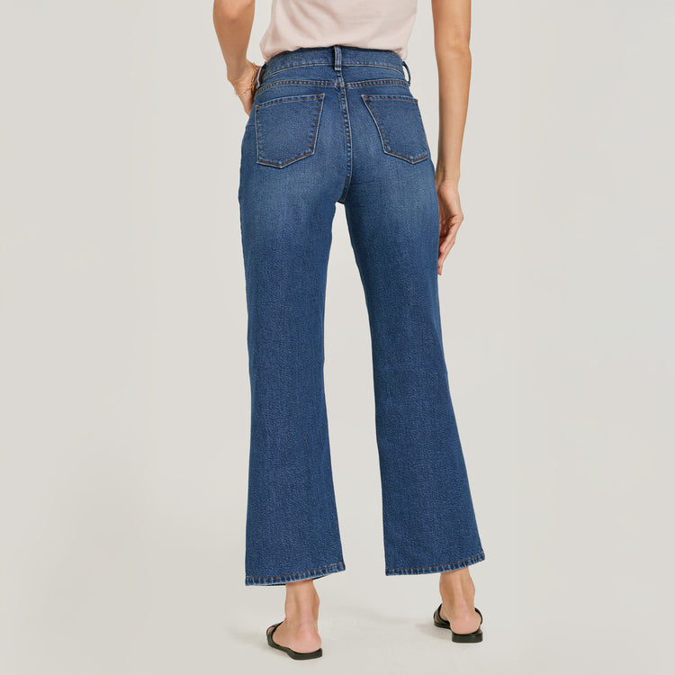 Women wearing Medium/Dark Blue High Rise Cropped Straight Leg Gilmore