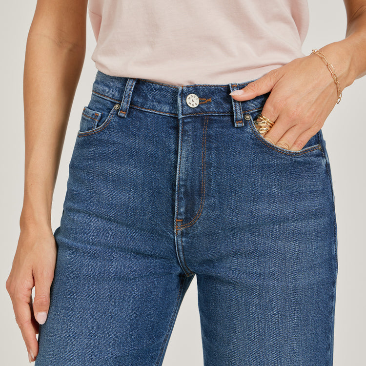 Women wearing Medium/Dark Blue High Rise Cropped Straight Leg Gilmore