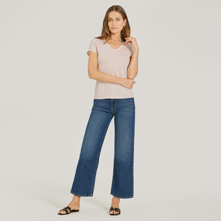 Women wearing Medium/Dark Blue High Rise Cropped Straight Leg Gilmore