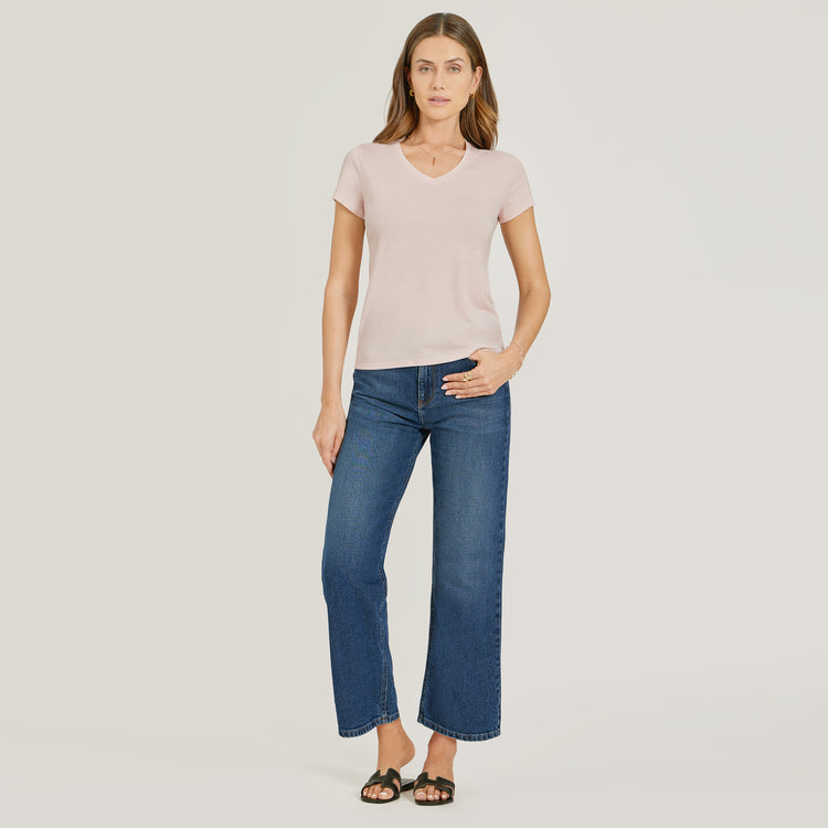 Women wearing Medium/Dark Blue High Rise Cropped Straight Leg Gilmore