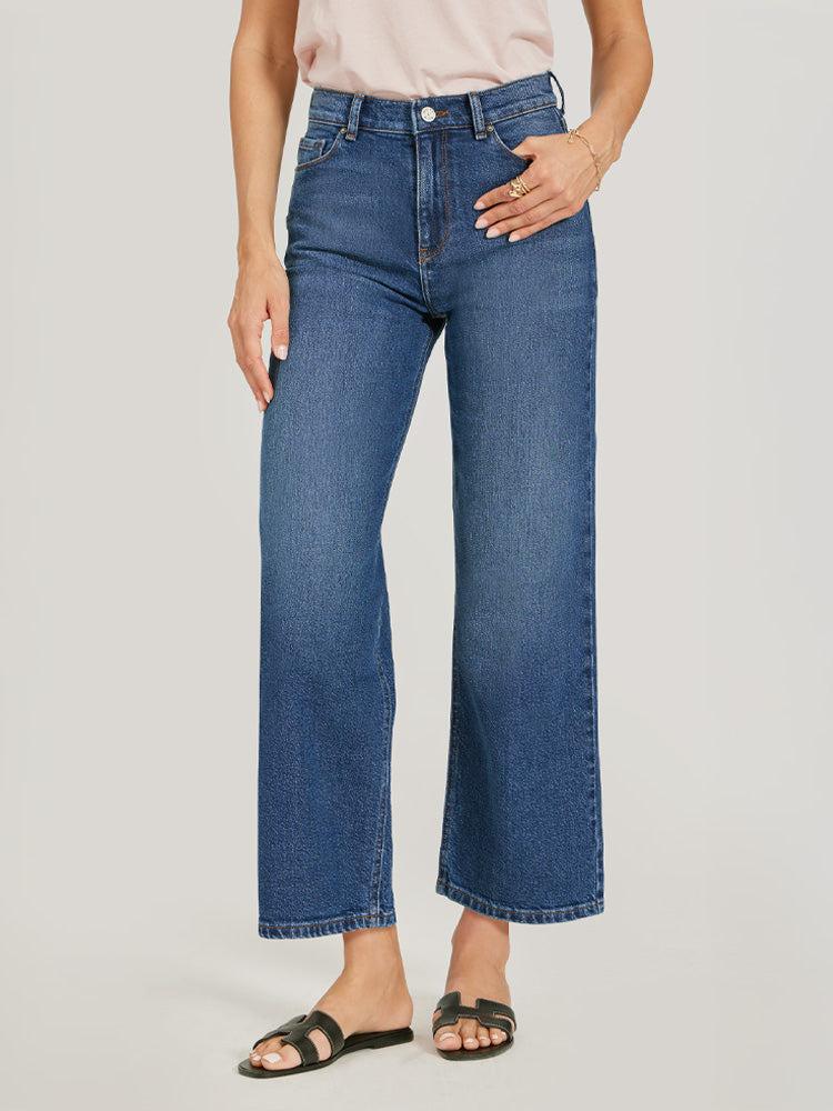 Women wearing Medium/Dark Blue High Rise Cropped Straight Leg Gilmore