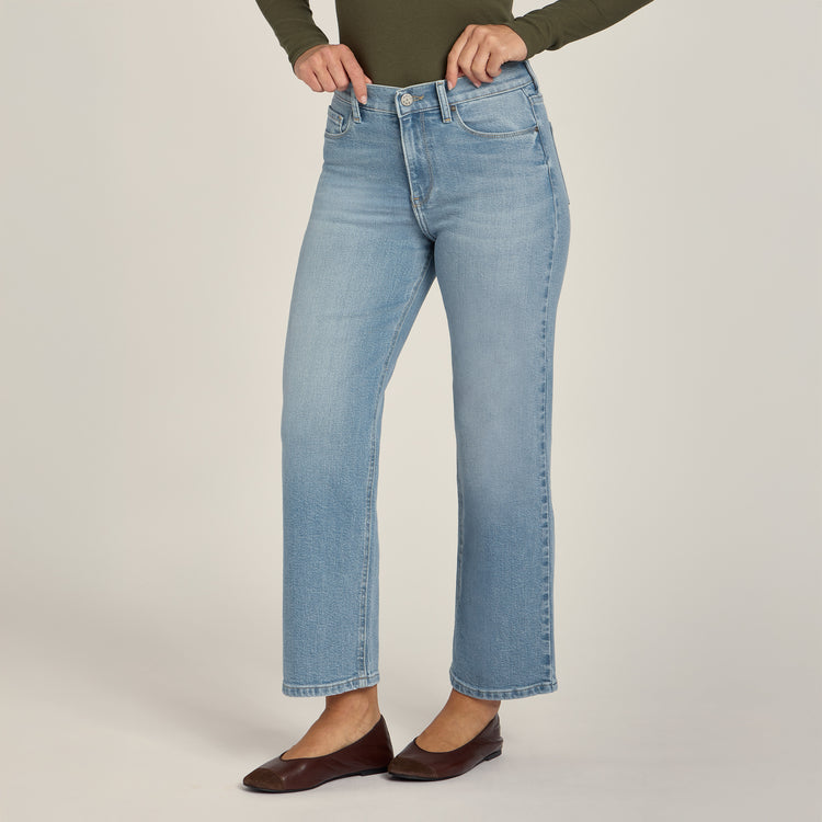 Women wearing Light Blue High Rise Cropped Straight Leg Hubert