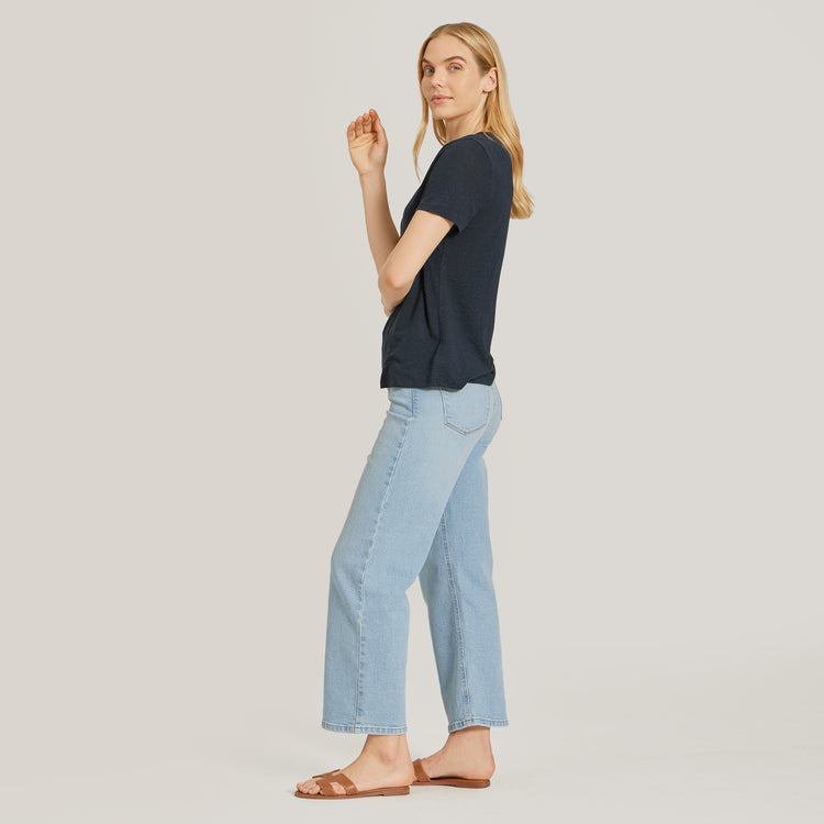 Women wearing Washed Out Blue High Rise Cropped Straight Leg Hubert