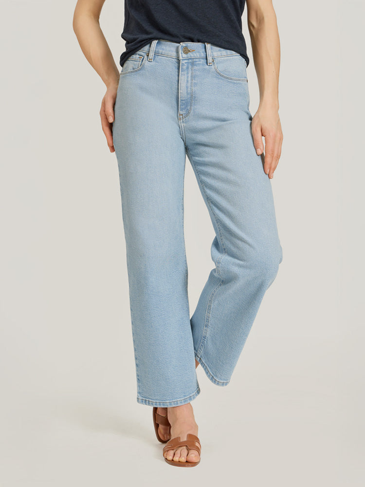 Women wearing Washed Out Blue High Rise Cropped Straight Leg Hubert