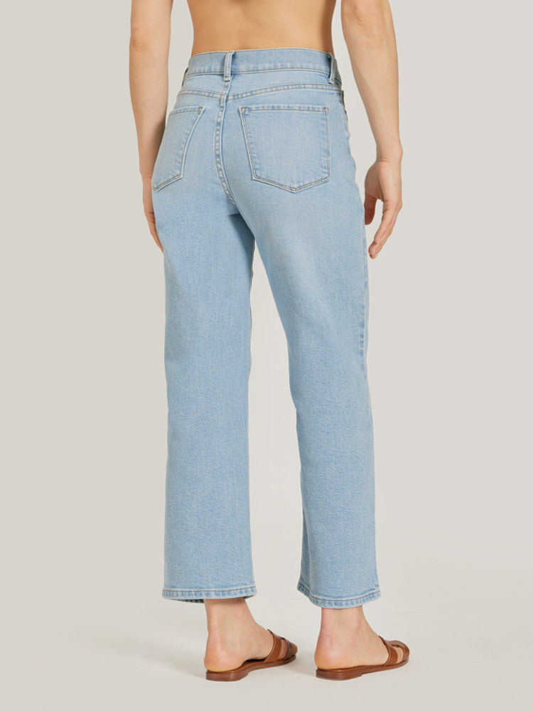 Women wearing Washed Out Blue High Rise Cropped Straight Leg Hubert