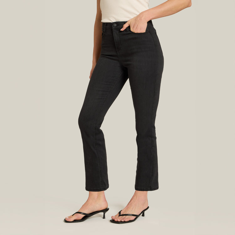 Women wearing Dark Gray High Rise Miniboot Ankle Orchard Jeans