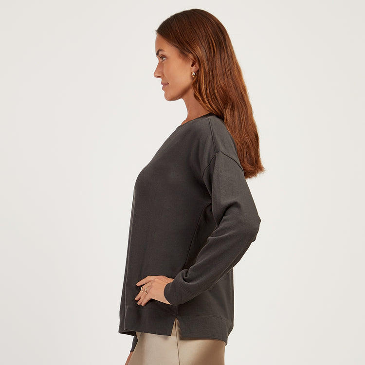 Women wearing Vintage Gray Cotton Jersey Oversized Long Sleeve Tee