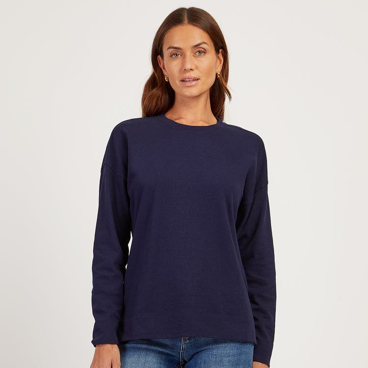 Women wearing Vintage Navy Cotton Jersey Oversized Long Sleeve Tee