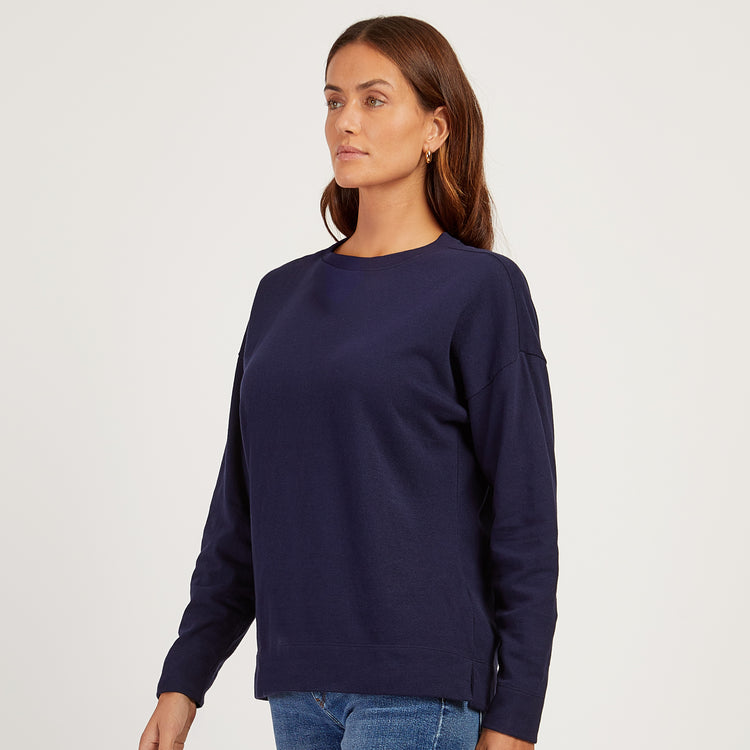 Women wearing Vintage Navy Cotton Jersey Oversized Long Sleeve Tee