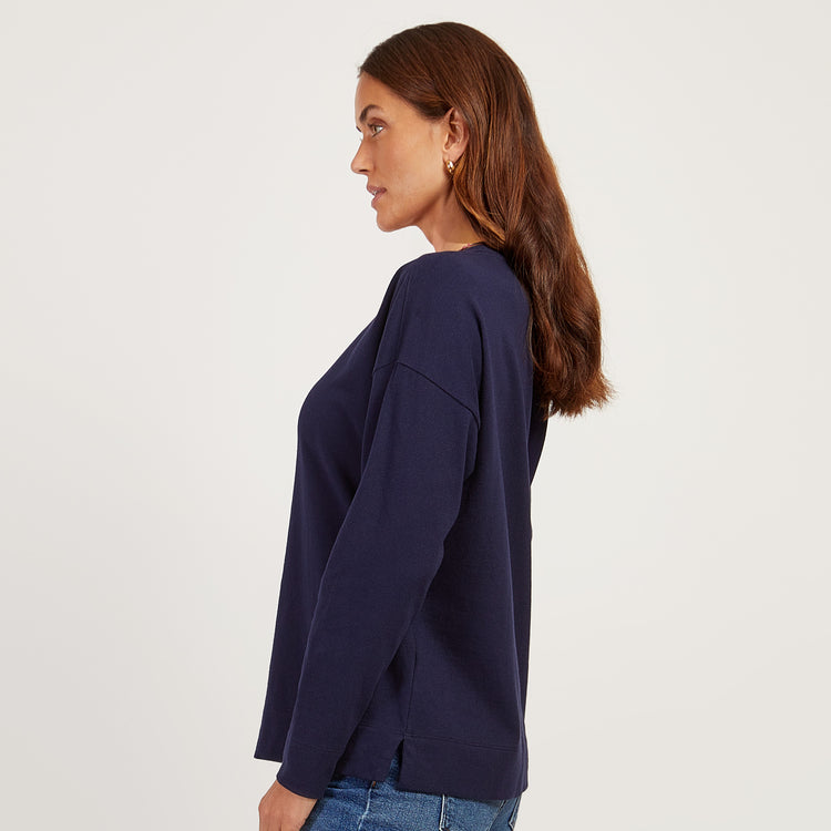 Women wearing Vintage Navy Cotton Jersey Oversized Long Sleeve Tee