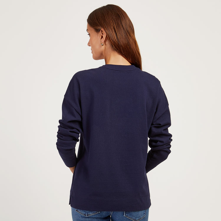 Women wearing Vintage Navy Cotton Jersey Oversized Long Sleeve Tee