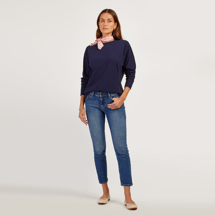 Women wearing Vintage Navy Cotton Jersey Oversized Long Sleeve Tee