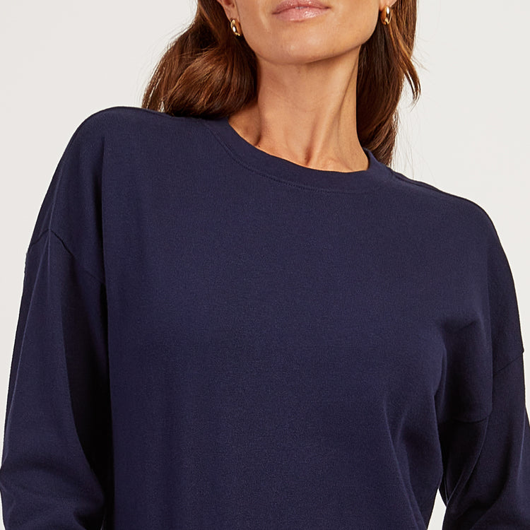 Women wearing Vintage Navy Cotton Jersey Oversized Long Sleeve Tee