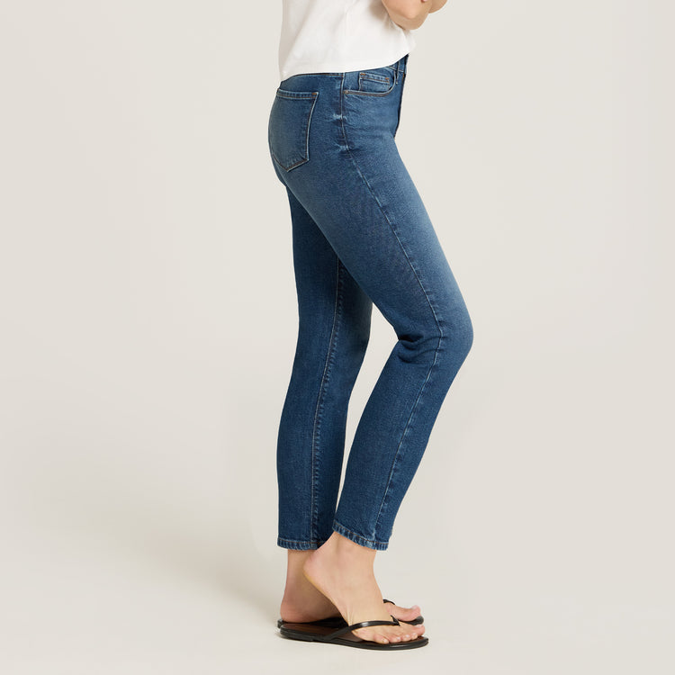 Women wearing Medium Blue High Rise Mom Ridge Jeans