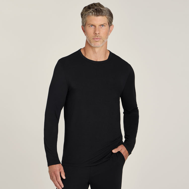 Men wearing Black Pajama Long Sleeve Crew Neck