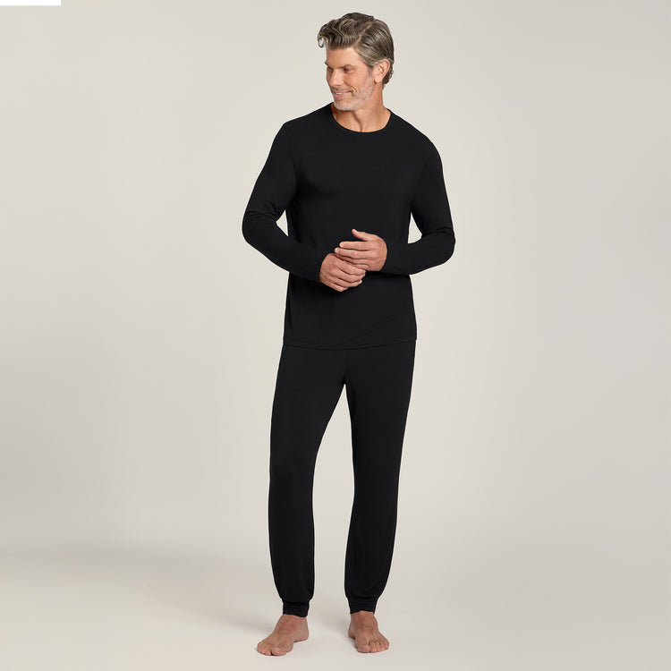Men wearing Black Pajama Long Sleeve Crew Neck
