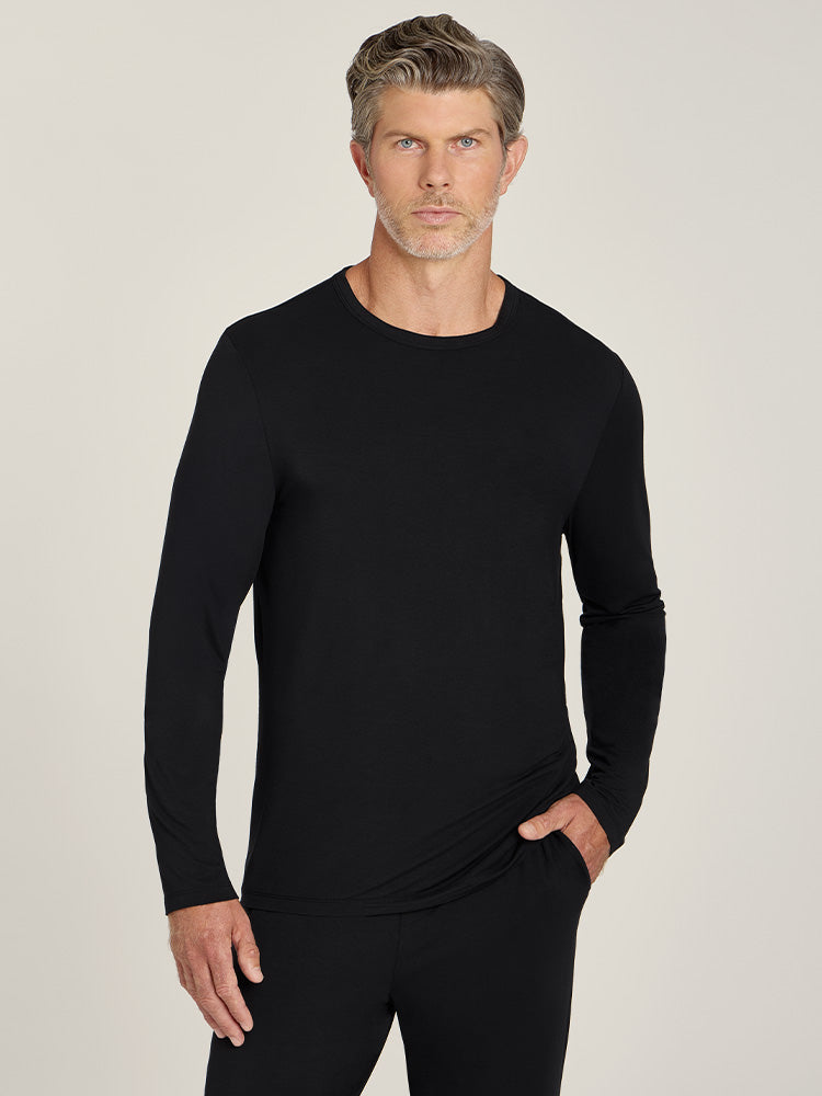 Men wearing Black Pajama Long Sleeve Crew Neck
