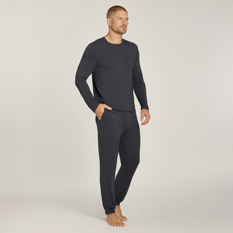 Men wearing Dark Gray Pajama Long Sleeve Crew Neck