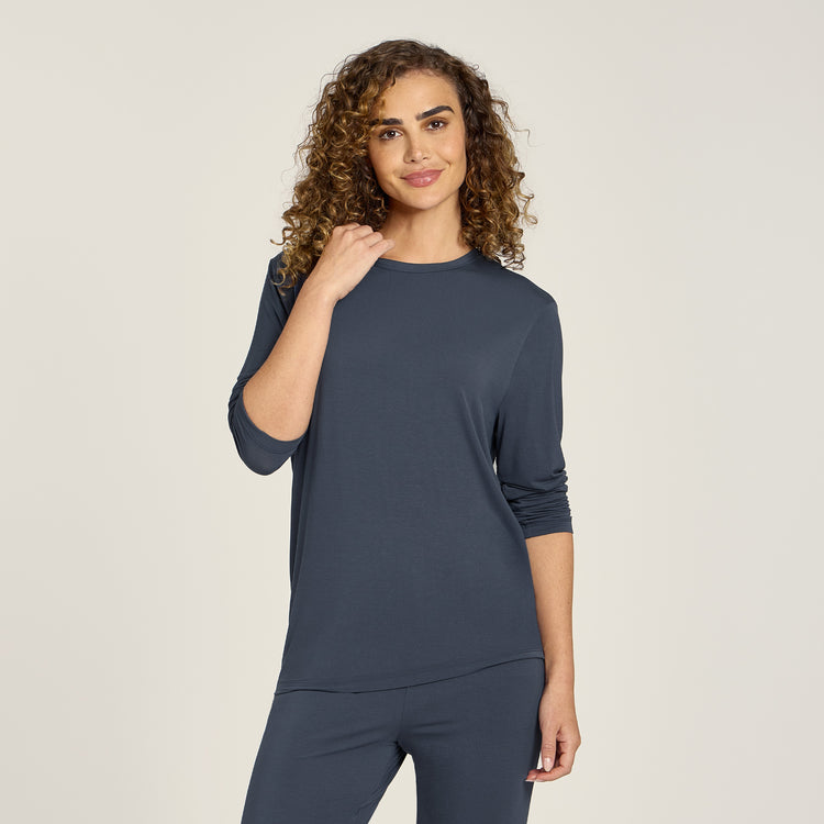 Women wearing Graphite Blue Pajama Long Sleeve Crew Neck