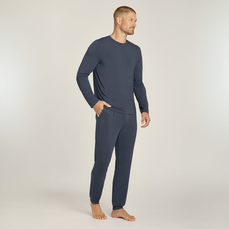 Men wearing Graphite Blue Pajama Long Sleeve Crew Neck