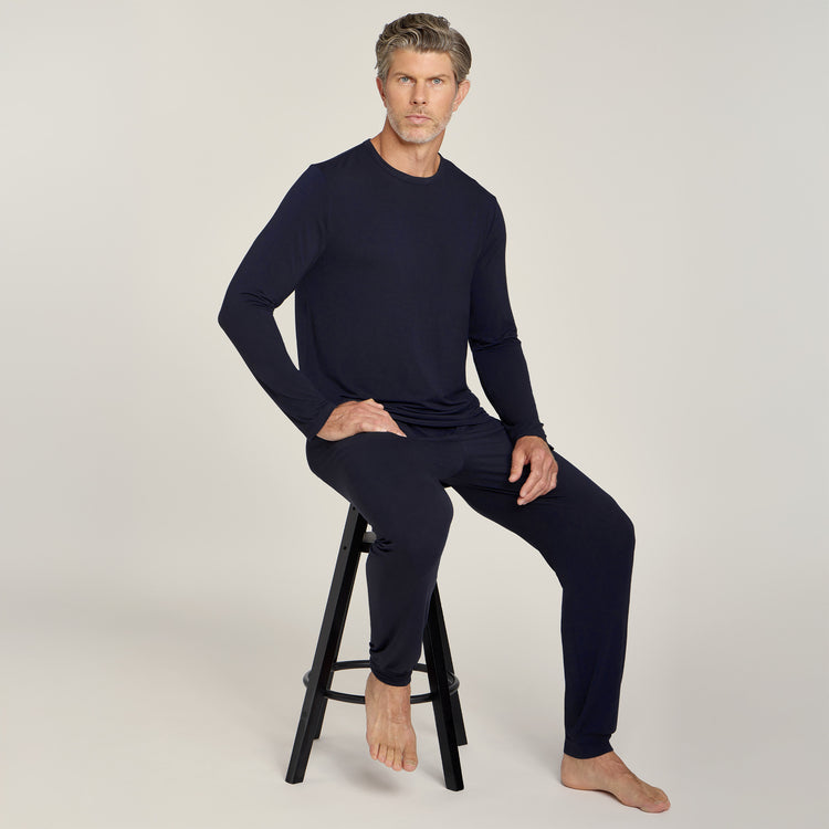 Men wearing Navy Pajama Long Sleeve Crew Neck