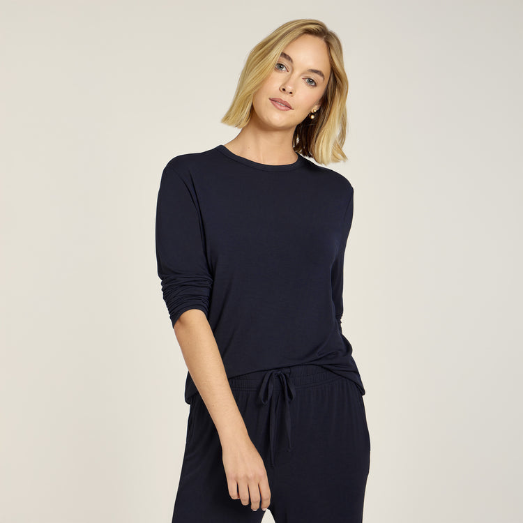 Women wearing Navy Pajama Long Sleeve Crew Neck