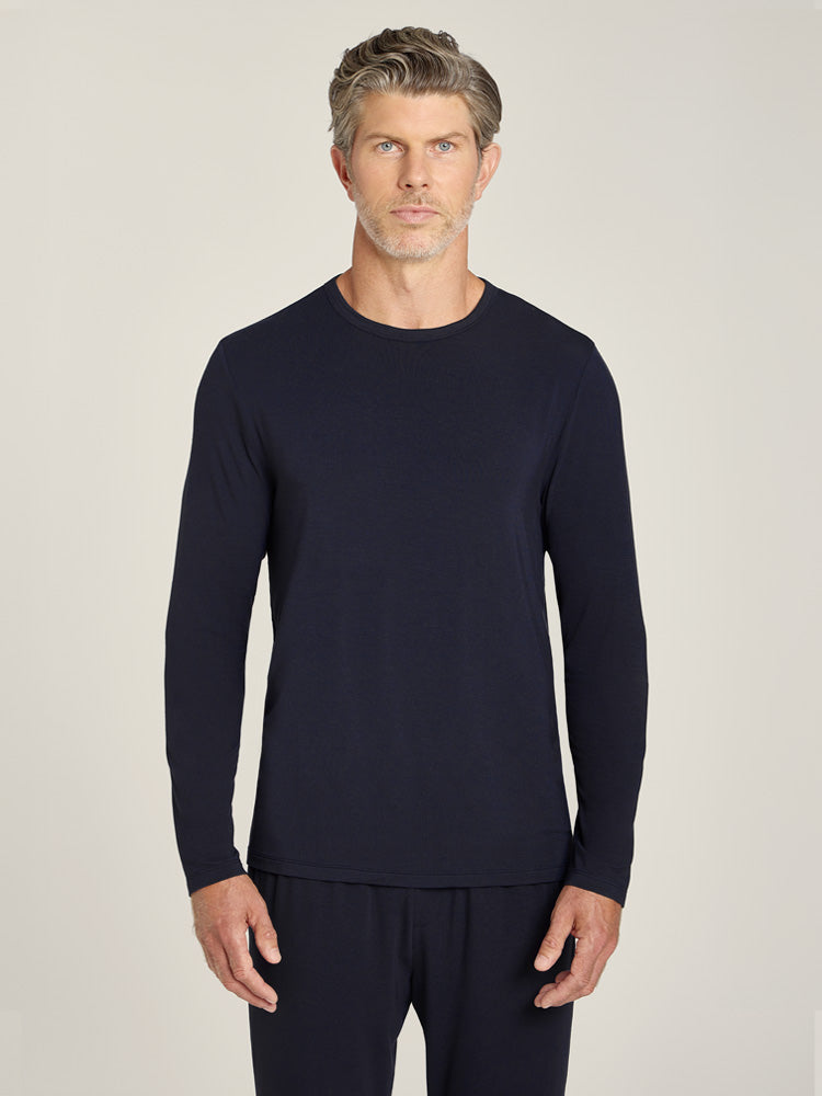 Men wearing Navy Pajama Long Sleeve Crew Neck