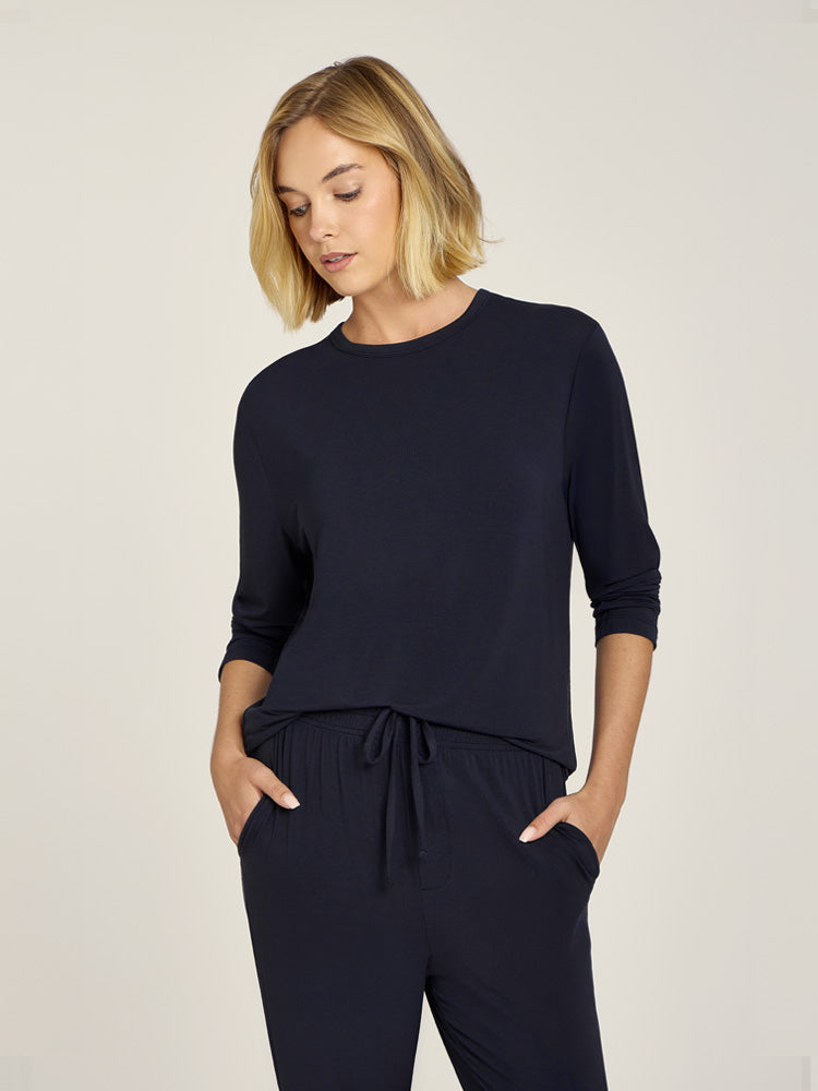 Women wearing Navy Pajama Long Sleeve Crew Neck