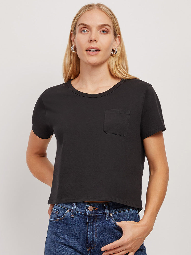 Women wearing Black Everyday Cotton One Pocket Crew Tee