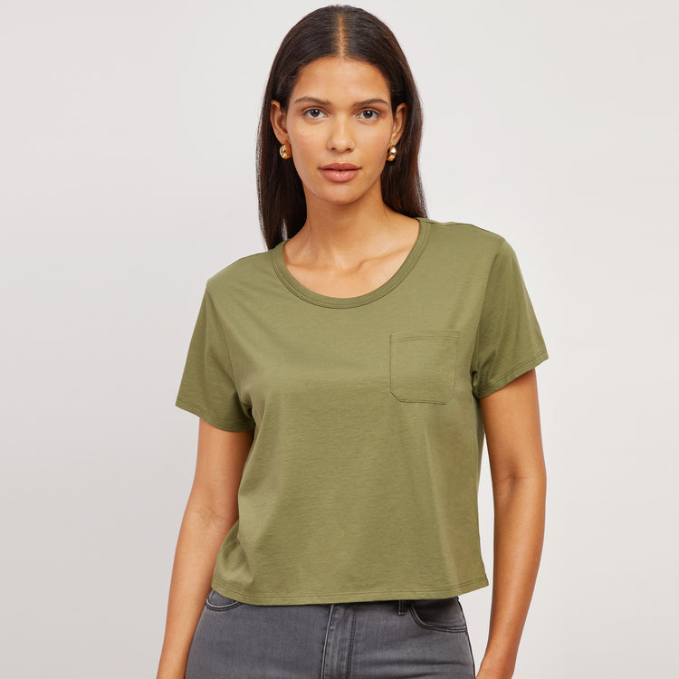 Women wearing Rosemary Everyday Cotton One Pocket Crew Tee