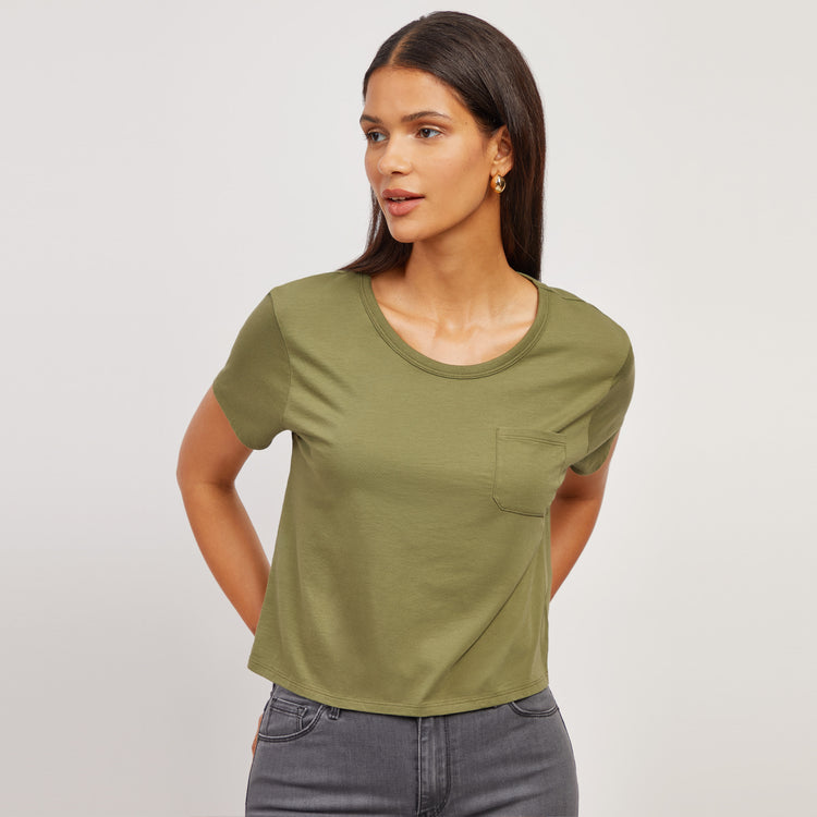 Women wearing Rosemary Everyday Cotton One Pocket Crew Tee