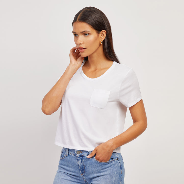 Women wearing White Everyday Cotton One Pocket Crew Tee
