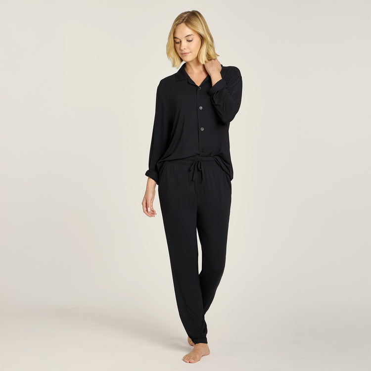 Women wearing Black Pajama Shirt