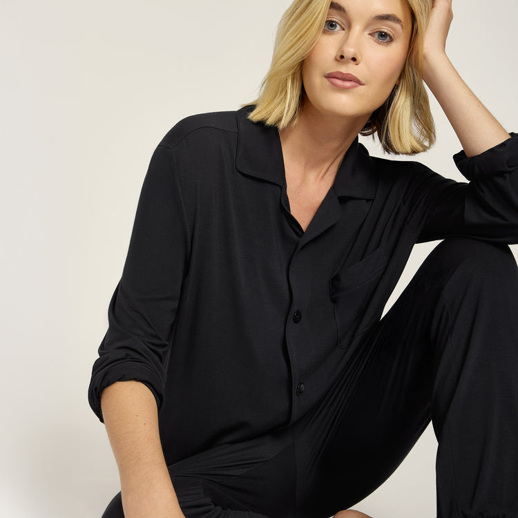Women wearing Black Pajama Shirt