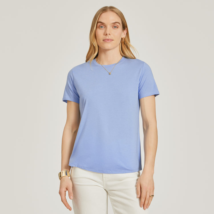 Women wearing Hydrangea Relaxed Crew Marcy Tee