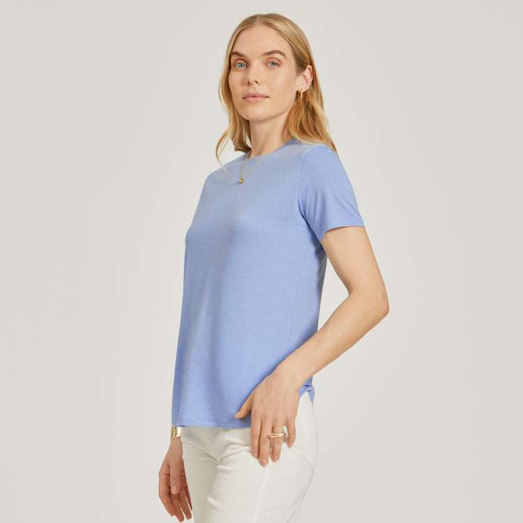 Women wearing Hydrangea Relaxed Crew Marcy Tee