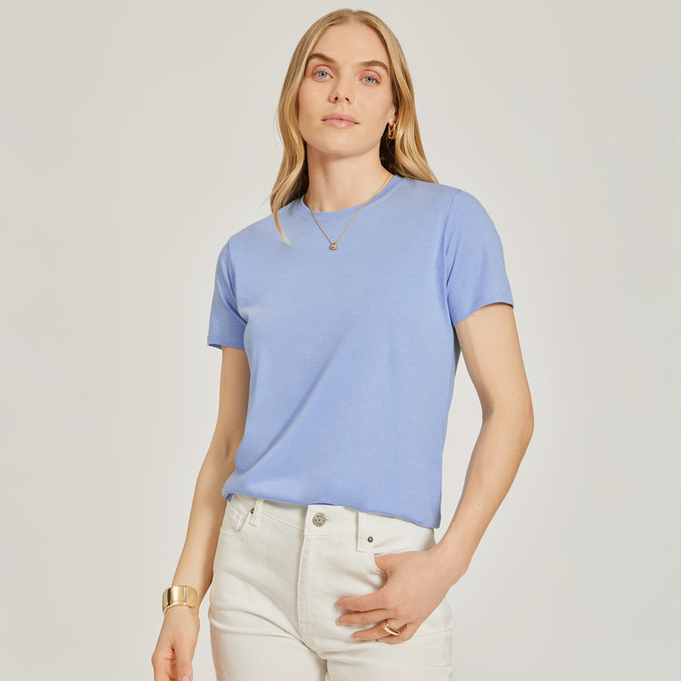 Women wearing Hydrangea Relaxed Crew Marcy Tee